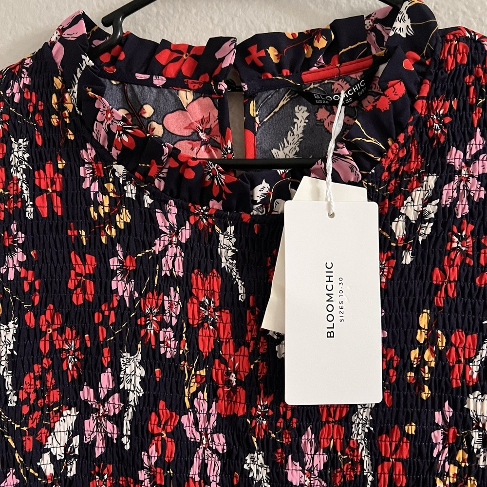 Bloom Chic Sz 28 Dress Midi Floral Mock Neck Sleeveless New Smocked - Picture 2 of 9